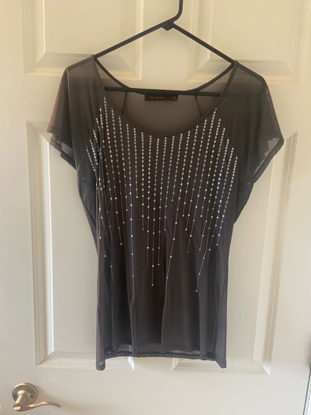 The Limited Gray Beaded Short-Sleeve Sheer Top